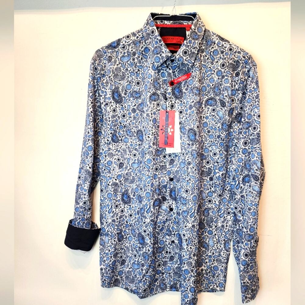 Men's New Blue Patterned Dress Shirt Paisley Premium‎ Shirt XL
